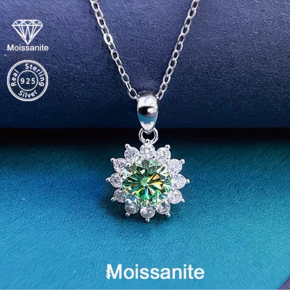 Sterling Silver Green Moissanite Flower Pendant Necklace